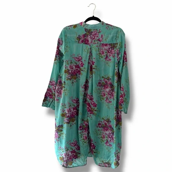April Cornell Teal Cottage Rose Floral Print Button Down Tunic Top Boho Medium - Picture 9 of 13